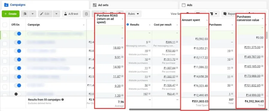 Selected Meta Ads dashboard showing campaign return on ad spend and purchase value