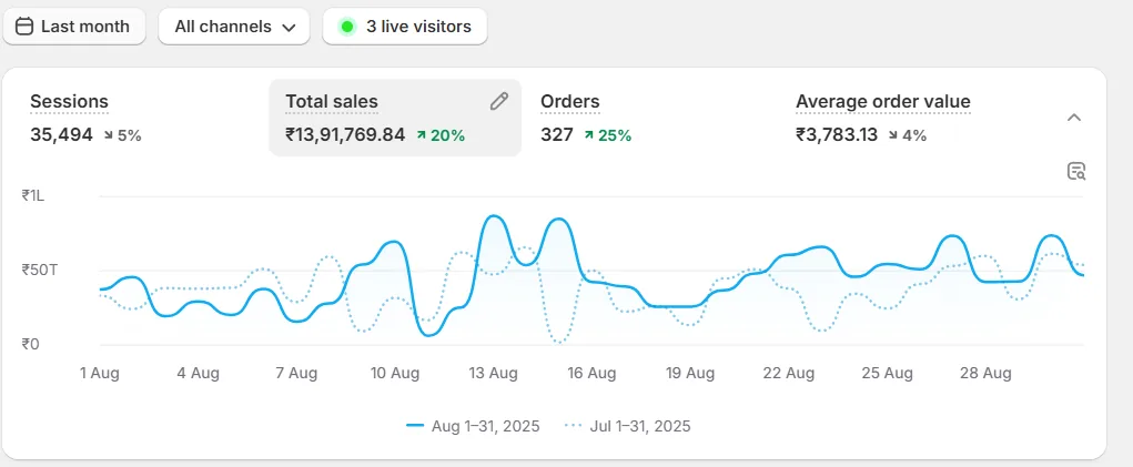 Selected Shopify dashboard for August showing sessions, sales, orders and average order value