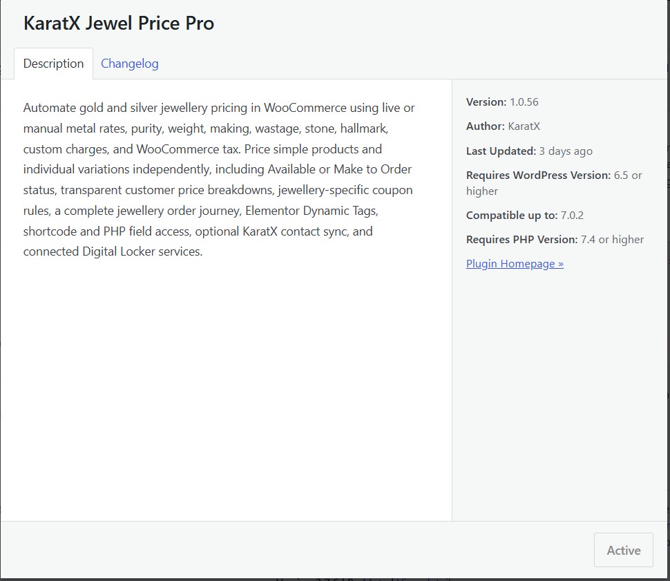 KaratX Jewel Price Pro Version 1.0.59 plugin details in WordPress